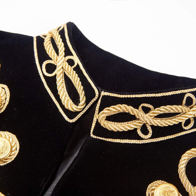 PYJTRL Mens Stylish Court Prince Black Velvet Gold Embroidery Blazer Suit Jacket (Black Gold, 36) - Image 3